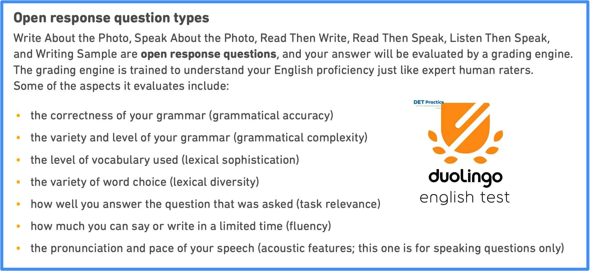 Open response questions are scored, det practice platform, Duolingo Test preparation, question types score explanation