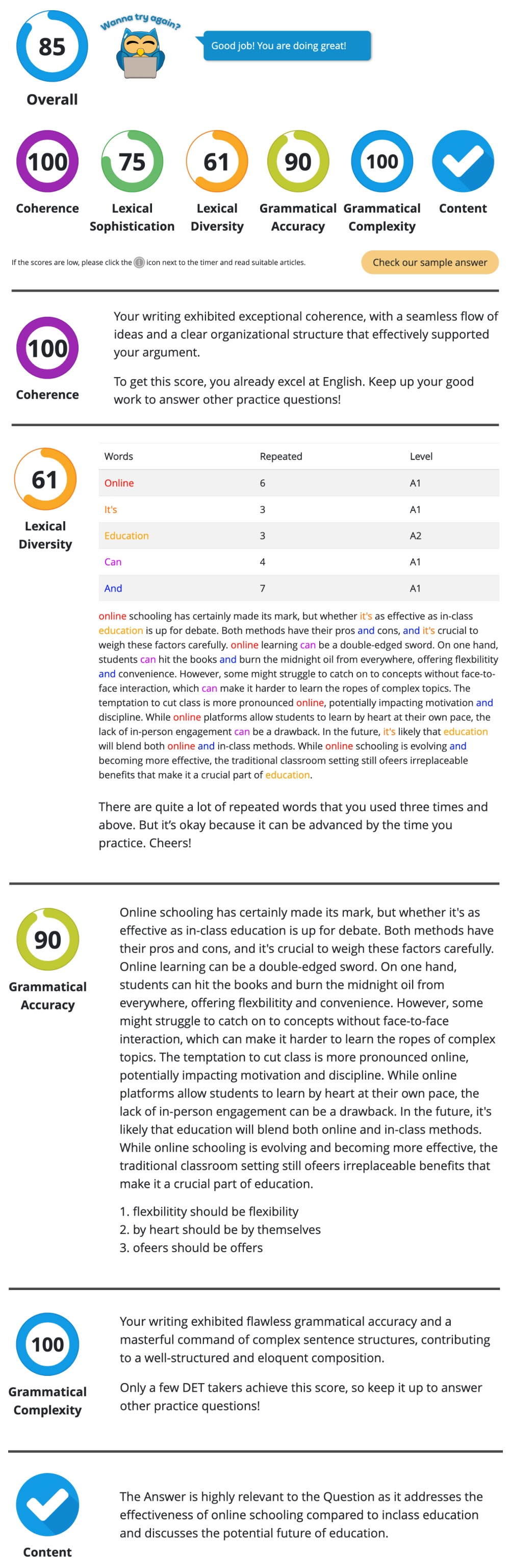 Education topic DET feedback 2, DET idioms and collocations, DET Practice Website, DET Preparation Course, DET Preparation materials