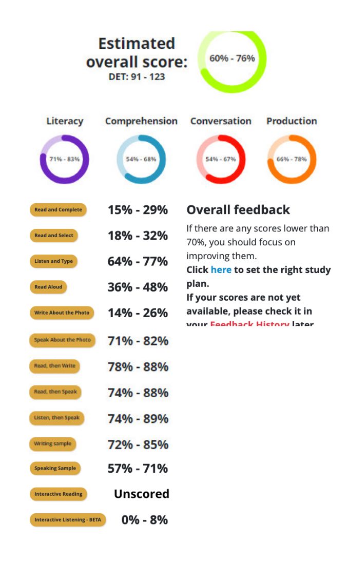 Full DET scores, det practice platform, Duolingo Test preparation, question types explain