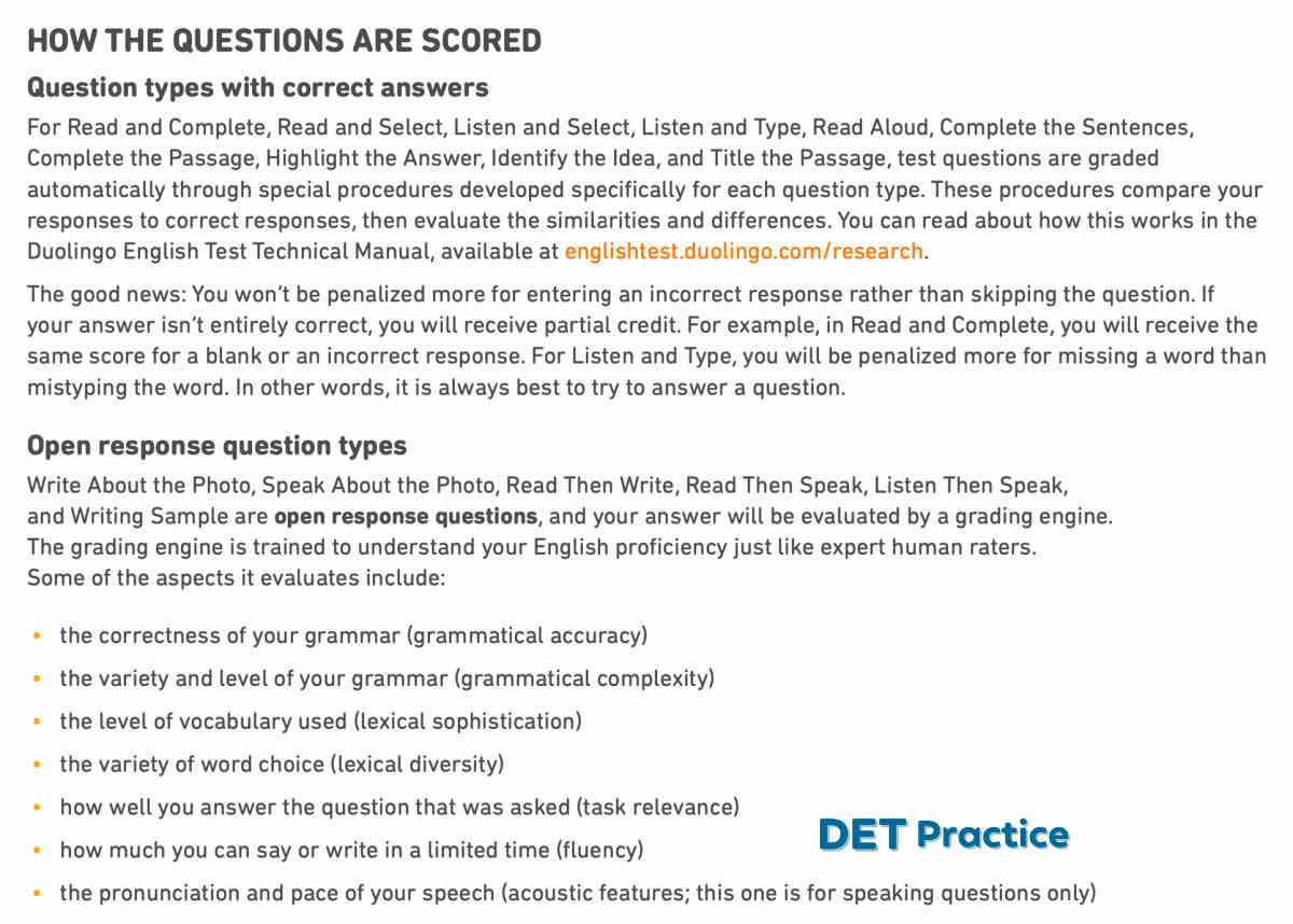 DET question types, duolingo English test, DET Practice Platform, det ready, det questions are scored