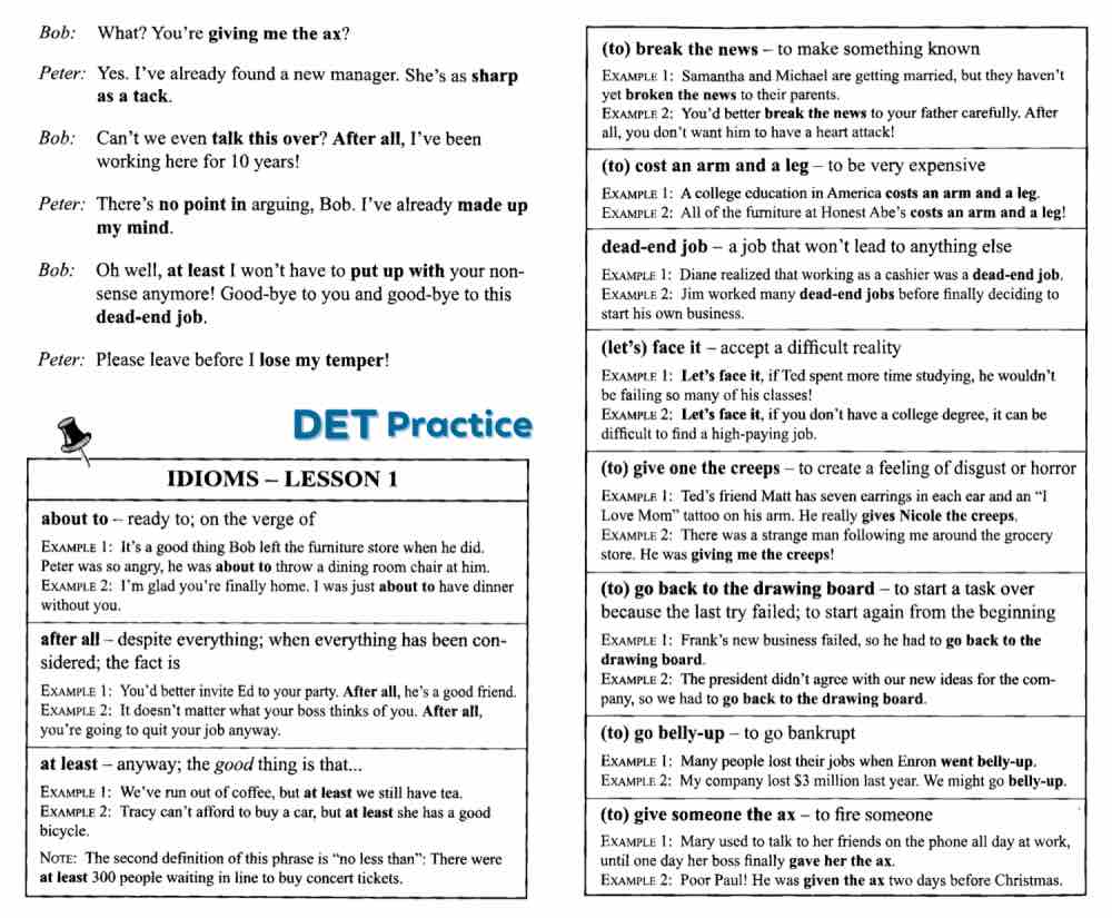 DET collocations and idioms, duolingo English test, det ready practice, duolingo test preparation, DET Practice Platform