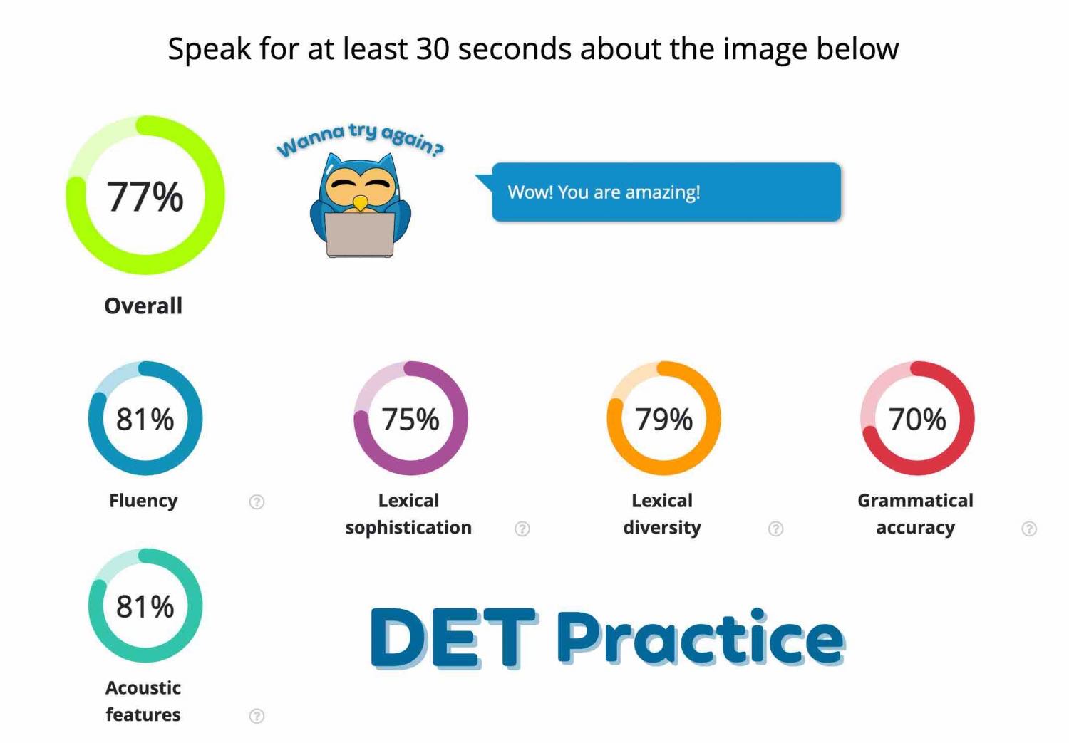 DET Ready instant feedback, duolingo English test, det ready, det ready practice, det practice materials, duolingo test preparation