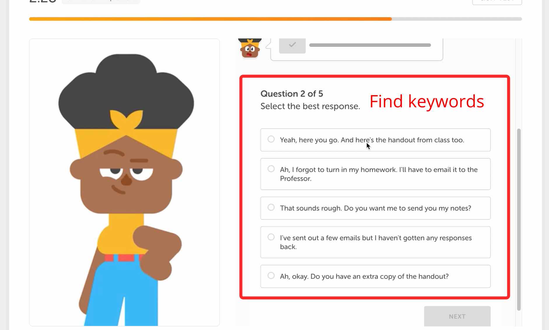 Find keywords, Duolingo English Test, DET Practice Platform, DET Ready, Interactive Listening