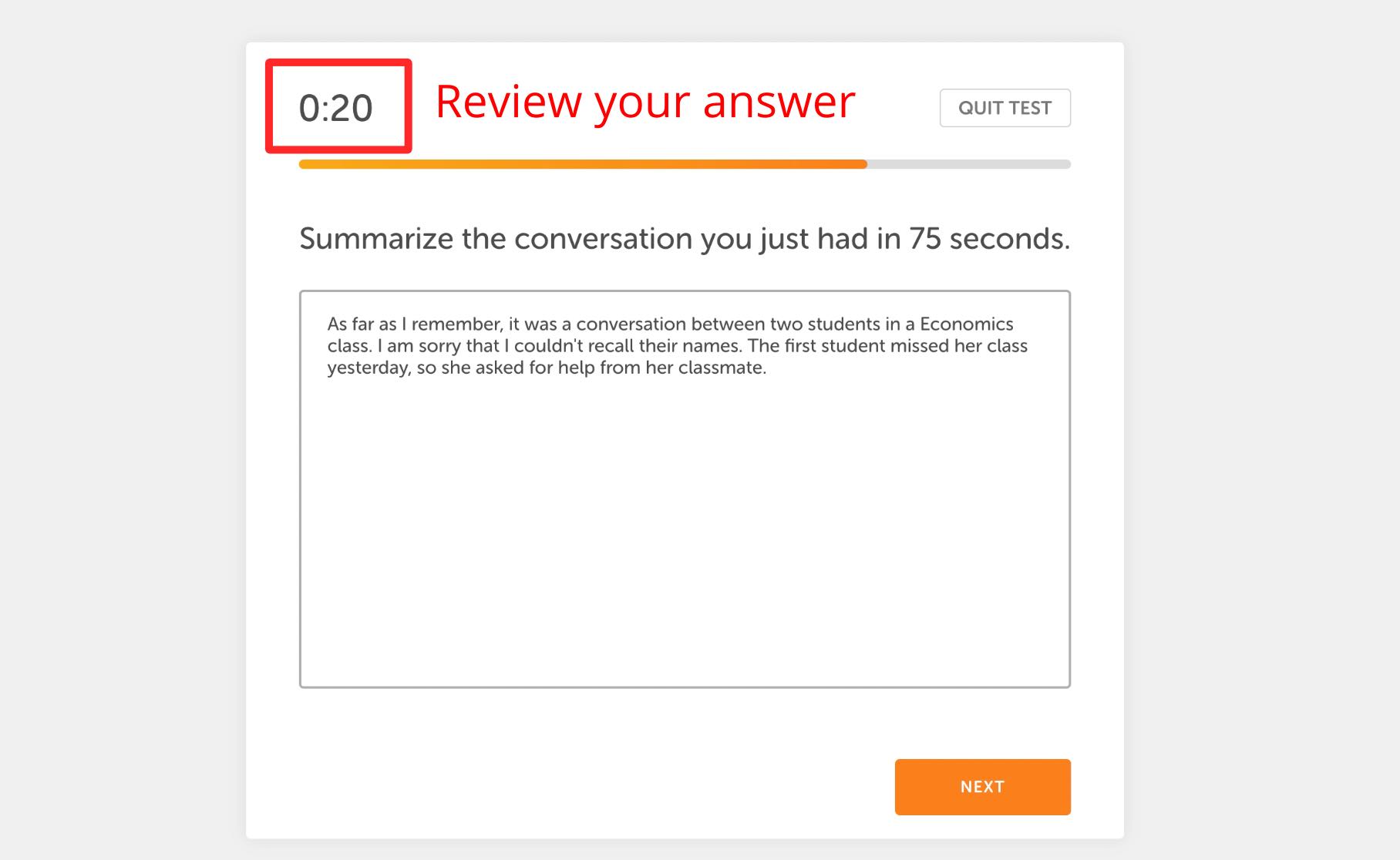 Review your answer, Duolingo English Test, DET Practice Platform, DET Ready, Interactive Listening