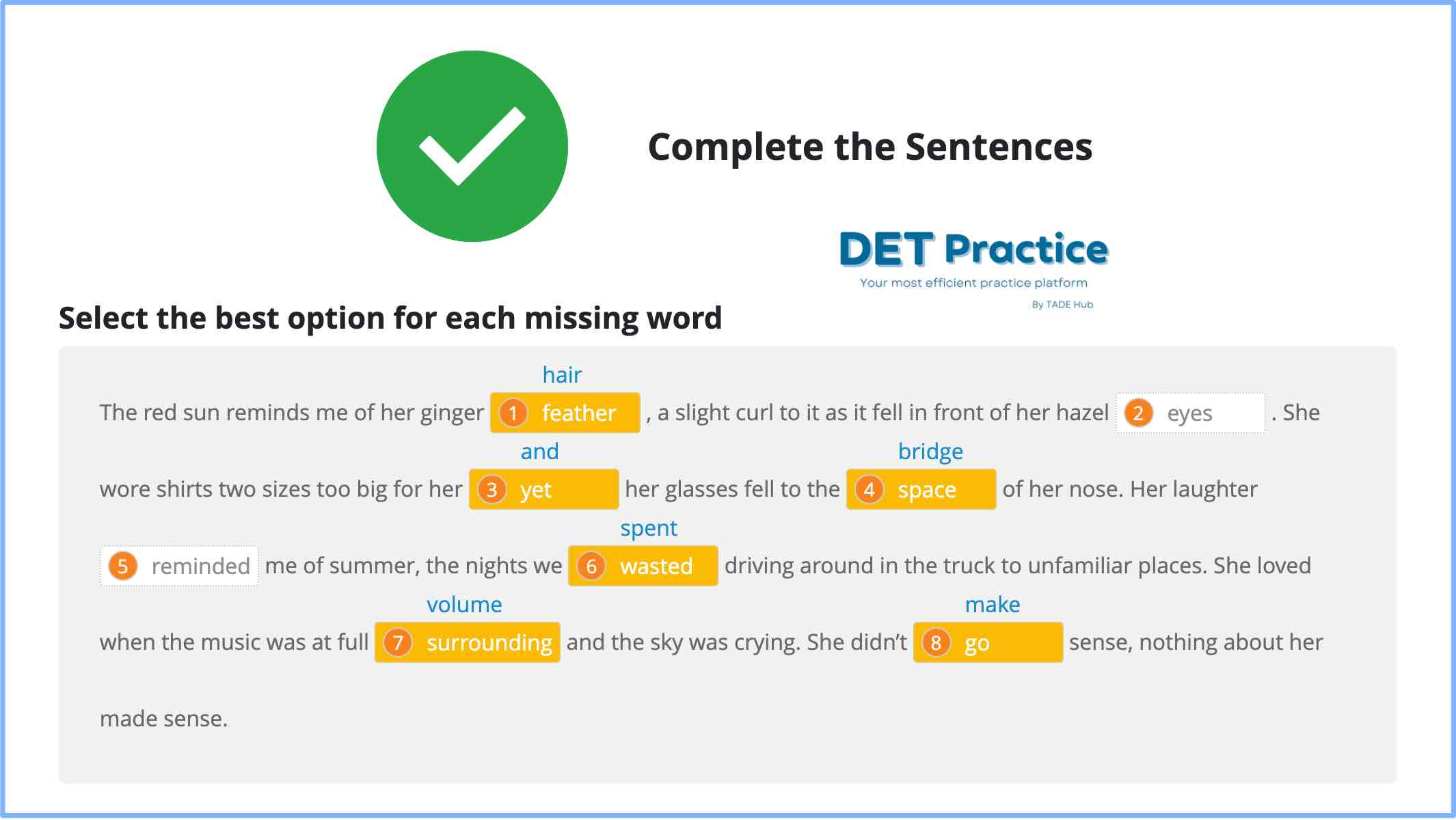 Interactive reading Complete the sentences, Duolingo Test preparation, DET platform, duolingo question types, DET Practice platform