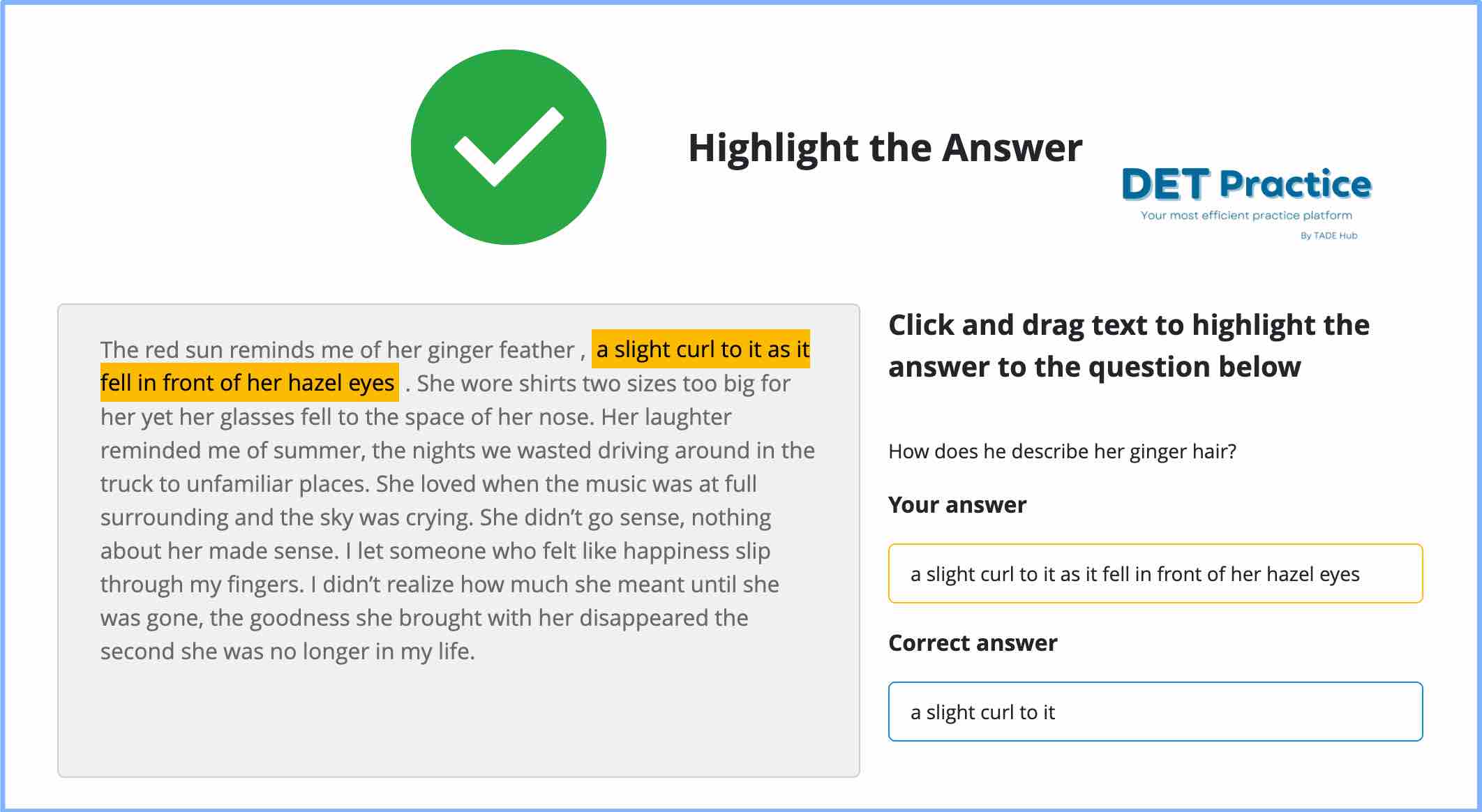 Interactive reading highlight the answer, Duolingo Test preparation, DET platform, duolingo question types, DET Practice platform