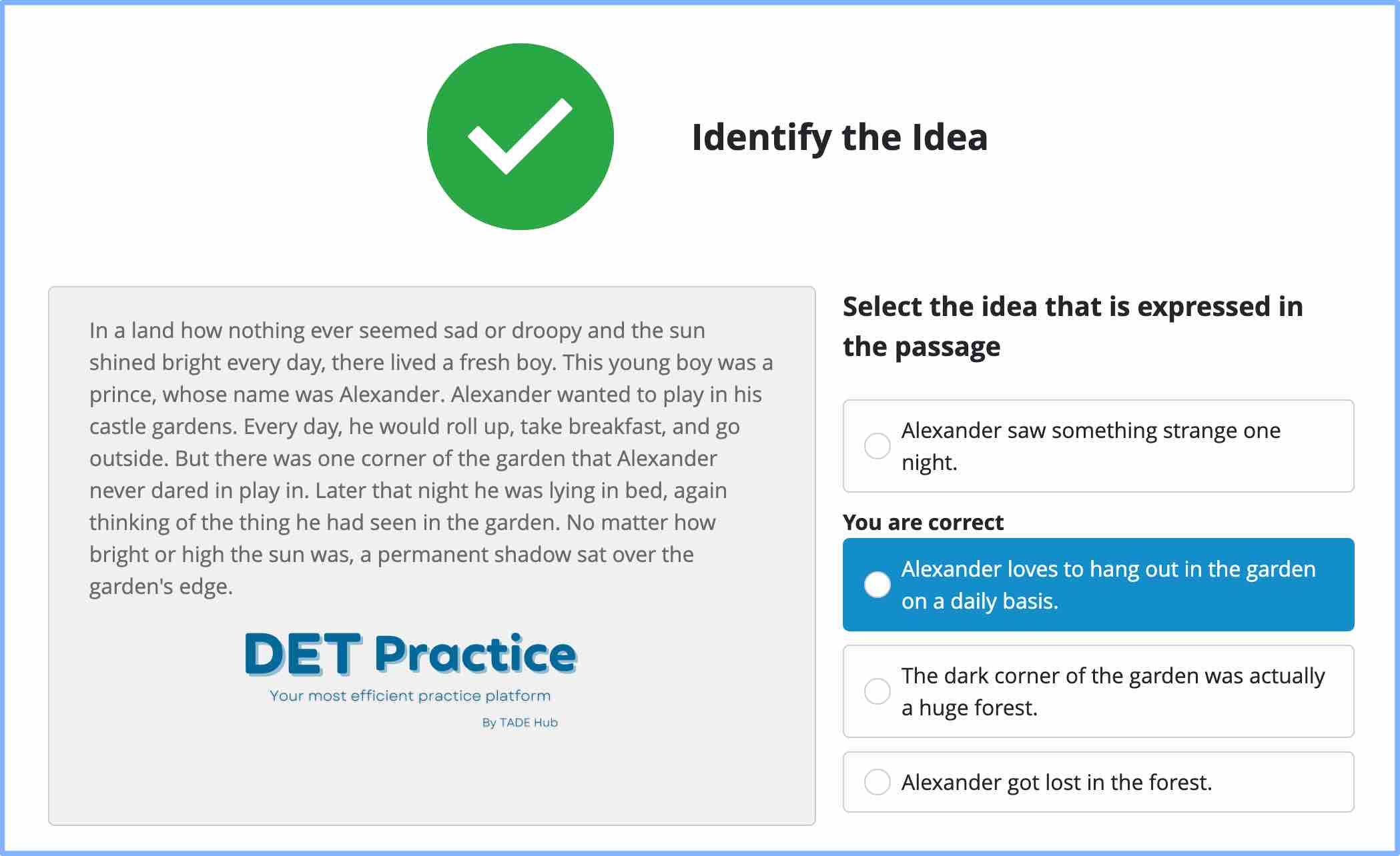 Interactive reading Identify the idea, Duolingo Test preparation, DET platform, duolingo question types, DET Practice platform