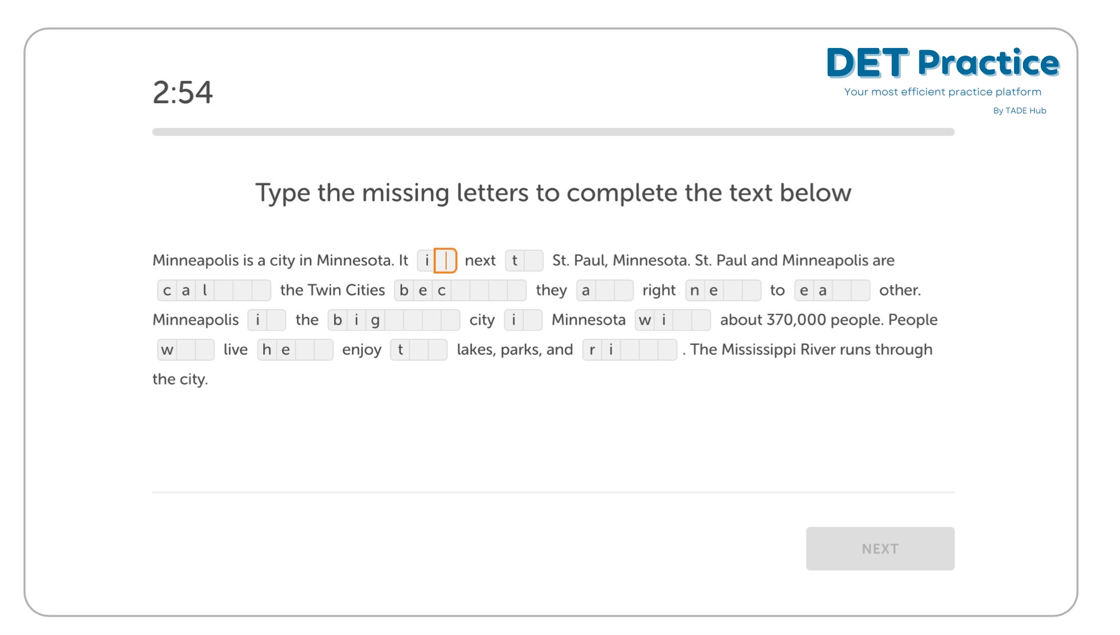 Duolingo Test read and complete, det practice platform, duolingo test preparation, duolingo question type
