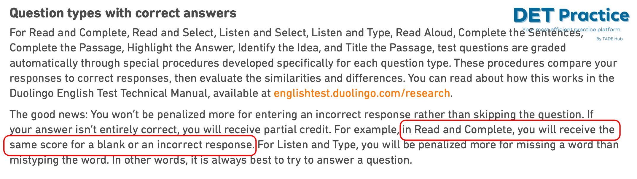 read and complete score explanation, det practice platform, Duolingo Test preparation, question types