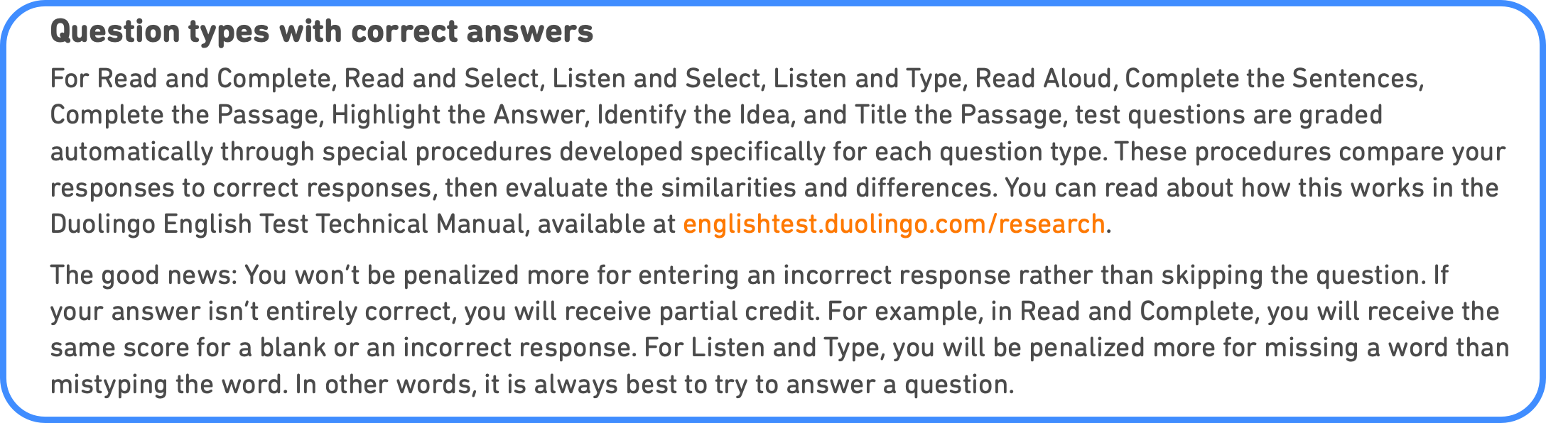 Duolingo question scored explanation, det practice platform, Duolingo Test preparation, question types explain